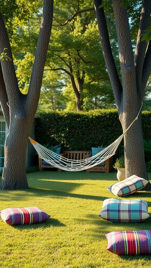 A garden lounge area with a hammock between two trees and colorful cushions on the grass.