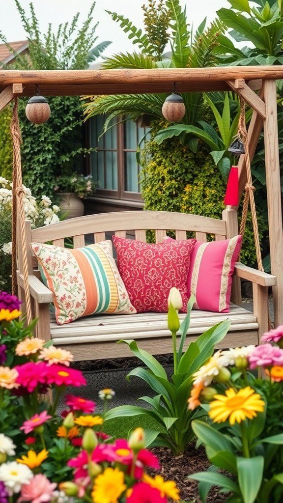 Cozy swing with colorful pillows surrounded by vibrant flowers in a garden