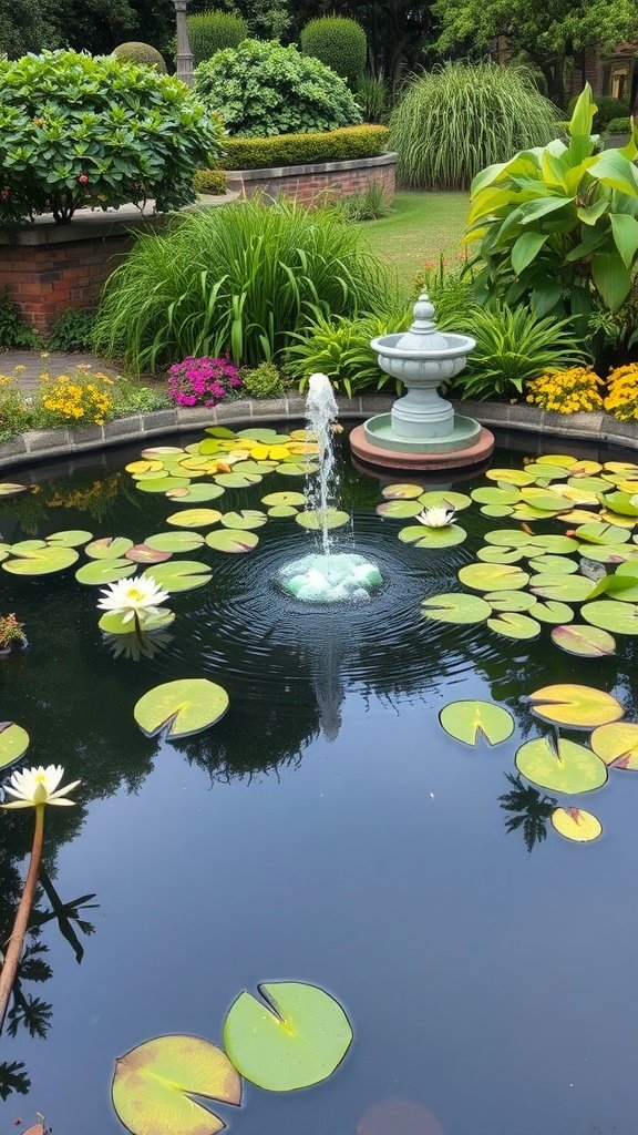 A serene garden pond with a fountain and flowering plants around it.
