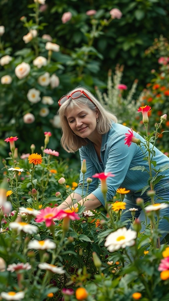 A woman tending to vibrant flowers in a lush garden.