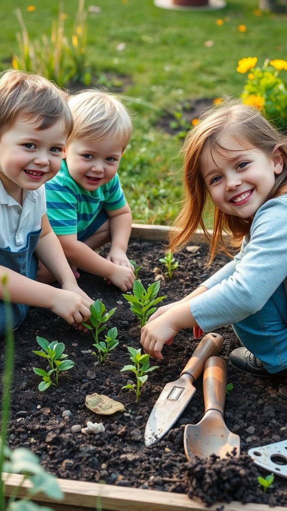Three children happily planting in a garden bed.