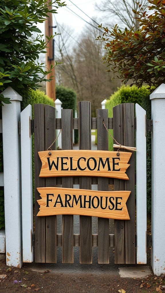 A rustic wooden gate with a handmade sign saying 'WELCOME' and 'FARMHOUSE.'