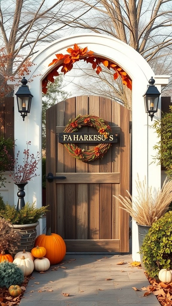 Decorated farmhouse gate entrance with seasonal wreaths and flowers.