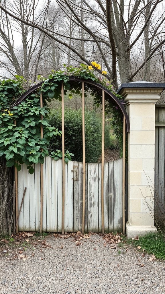 A charming farmhouse gate covered with plants and flowers.