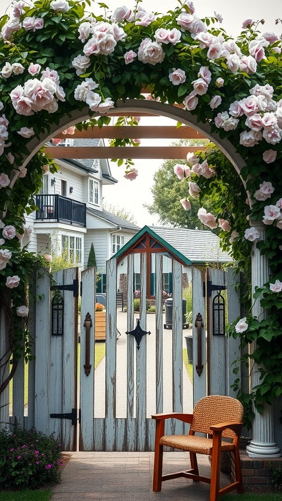 A beautiful farmhouse gate entrance with a pergola covered in flowers.