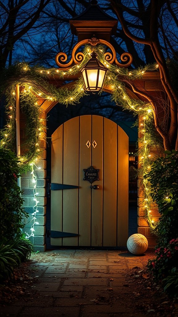 A charming farmhouse gate entrance adorned with fairy lights.
