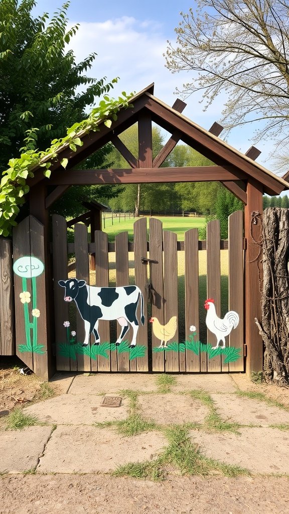 A colorful wooden gate featuring a cow, chicken, and rooster, set in a sunny outdoor area.