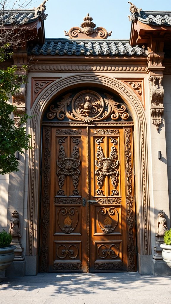 A beautifully carved wooden gate with intricate designs.