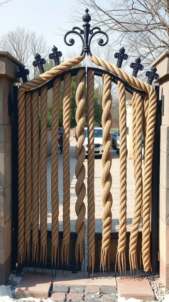 An elegant farmhouse gate featuring twisted rope designs.