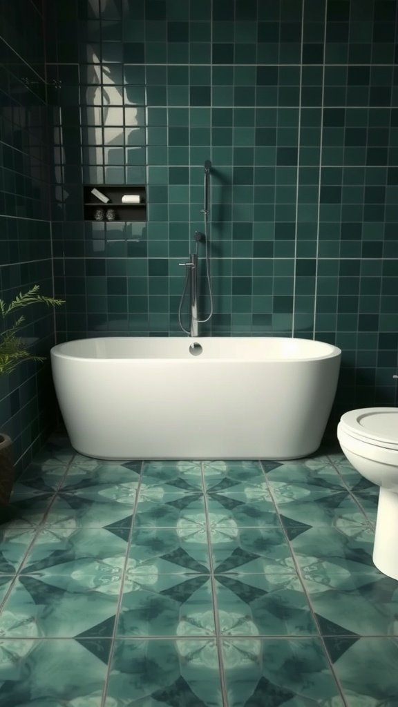 A bathroom featuring dark green geometric tiles on the walls and floor, with a white bathtub and toilet.