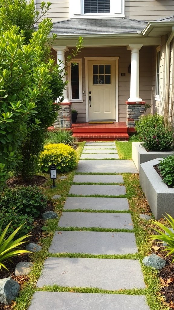 A modern front yard with geometric stone pathways and vibrant greenery leading to a door.