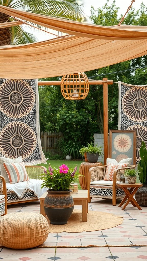 Stylish bohemian outdoor decor with geometric patterns, featuring colorful cushions and plants.
