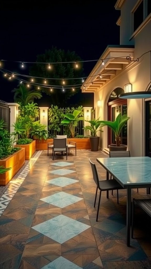 Stylish geometric patio tiles under string lights with lush greenery
