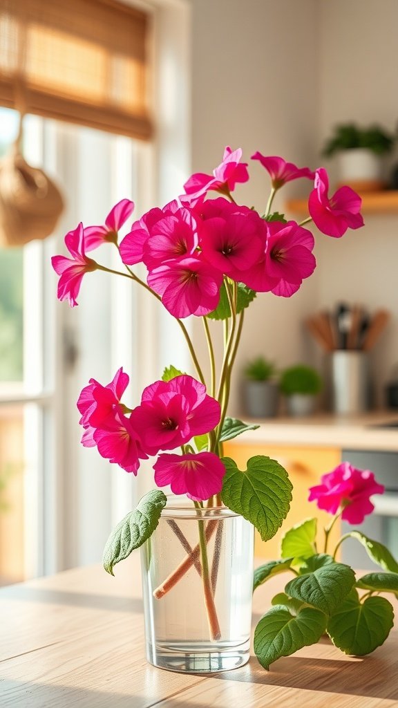 A vibrant arrangement of geraniums in a glass vase filled with water, showcasing their colorful blooms and lush green leaves.