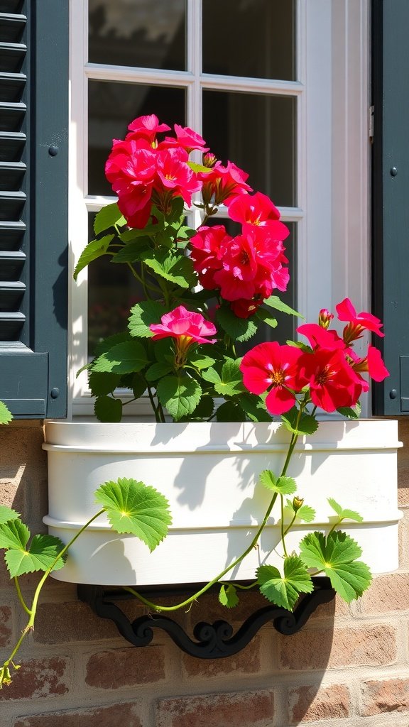 Bright pink geraniums blooming in a window box
