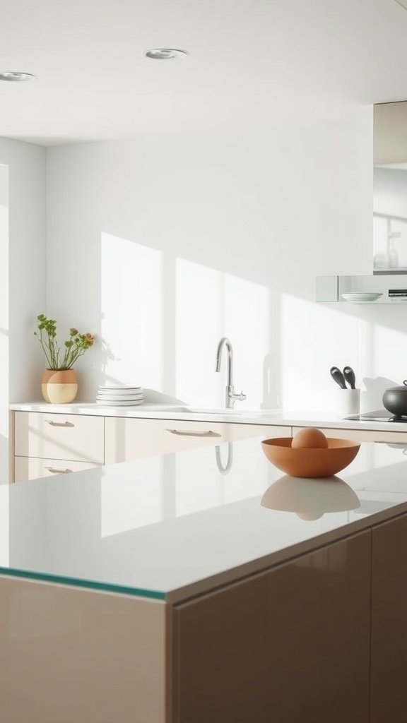 Modern kitchen with glass countertops and minimalistic design.