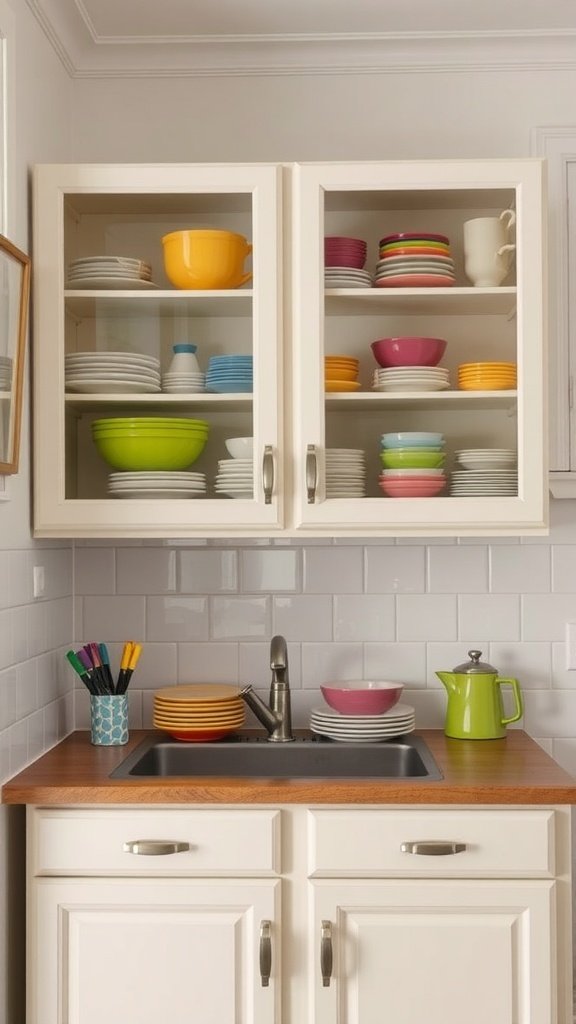 A small kitchen with glass front cabinets displaying colorful dishware.