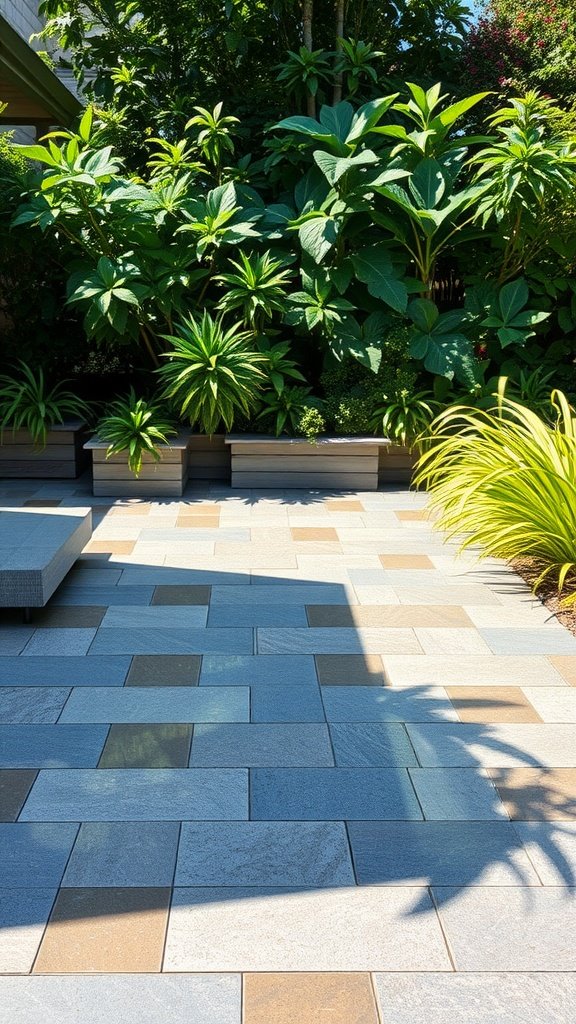 A stylish patio with glass pavers, surrounded by lush greenery.