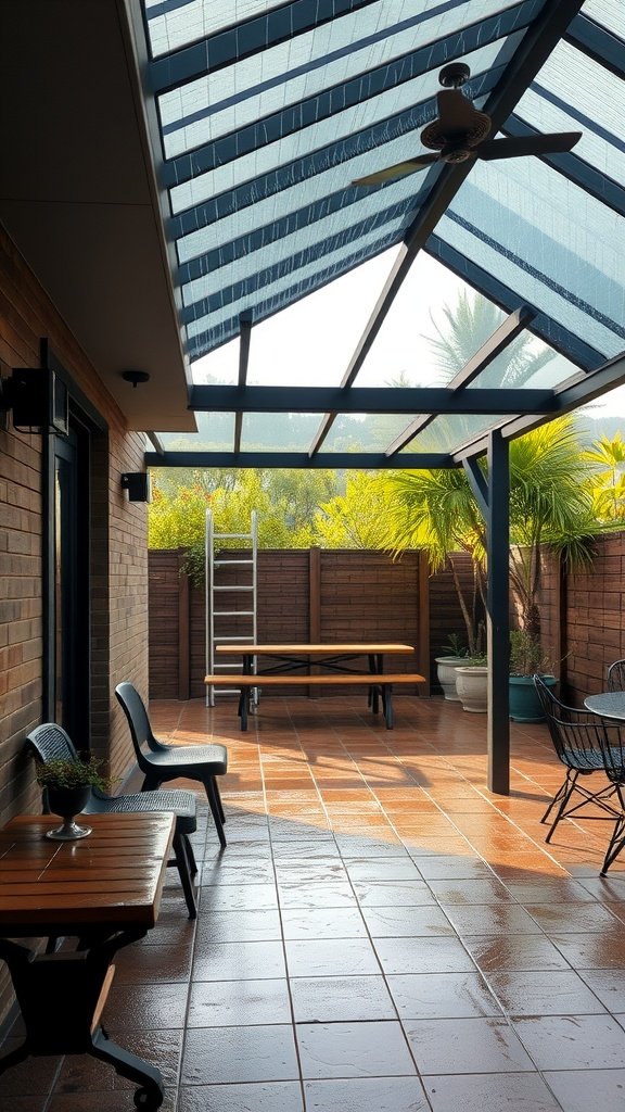 Patio with a glass roof enclosure and outdoor furniture