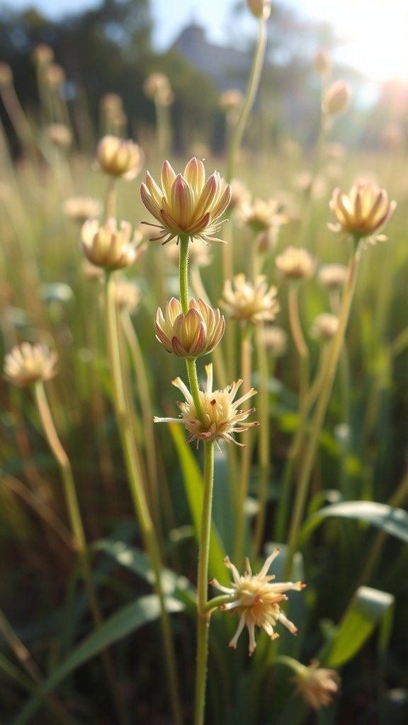 A close-up of Goat's Beard flowers in a sunlit field.