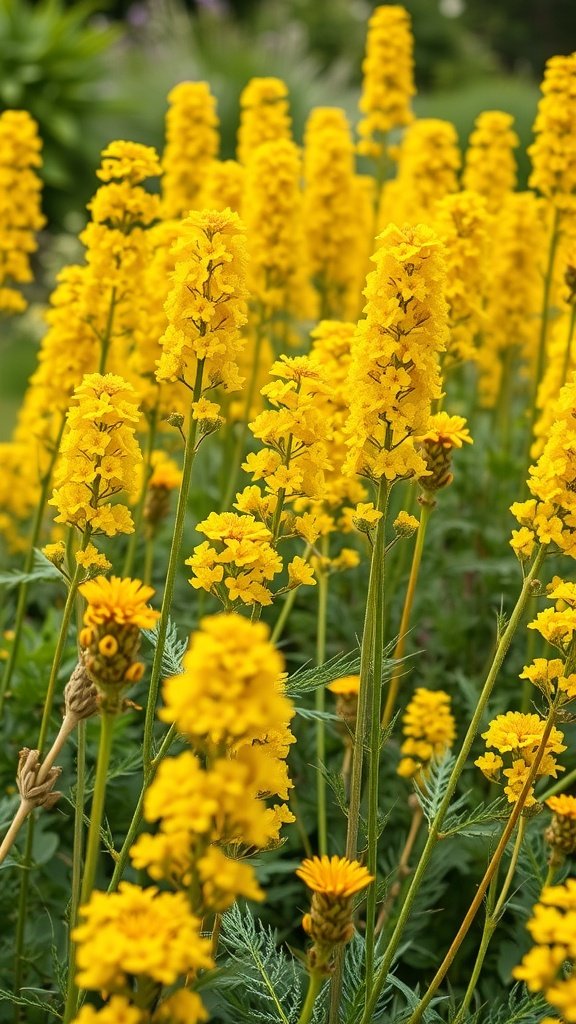 A field of bright yellow goldenrod flowers in full bloom.