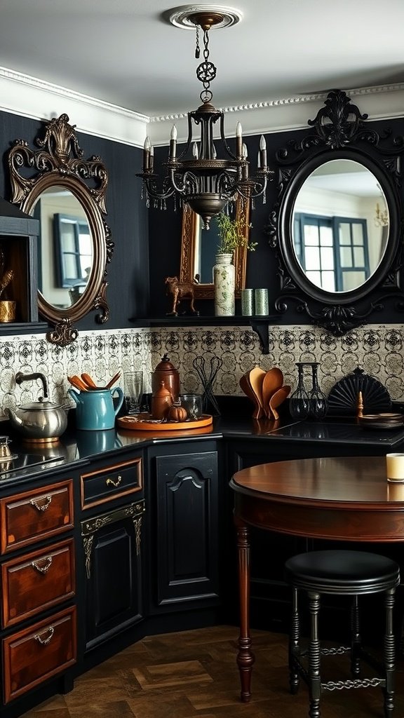 A gothic style kitchen featuring dark wood cabinets, vintage mirrors, and an elegant chandelier.