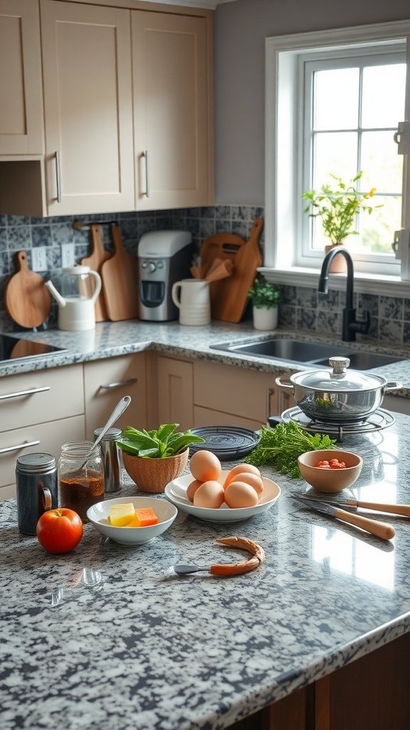 A bright kitchen countertop with granite finish, featuring various cooking ingredients and utensils.