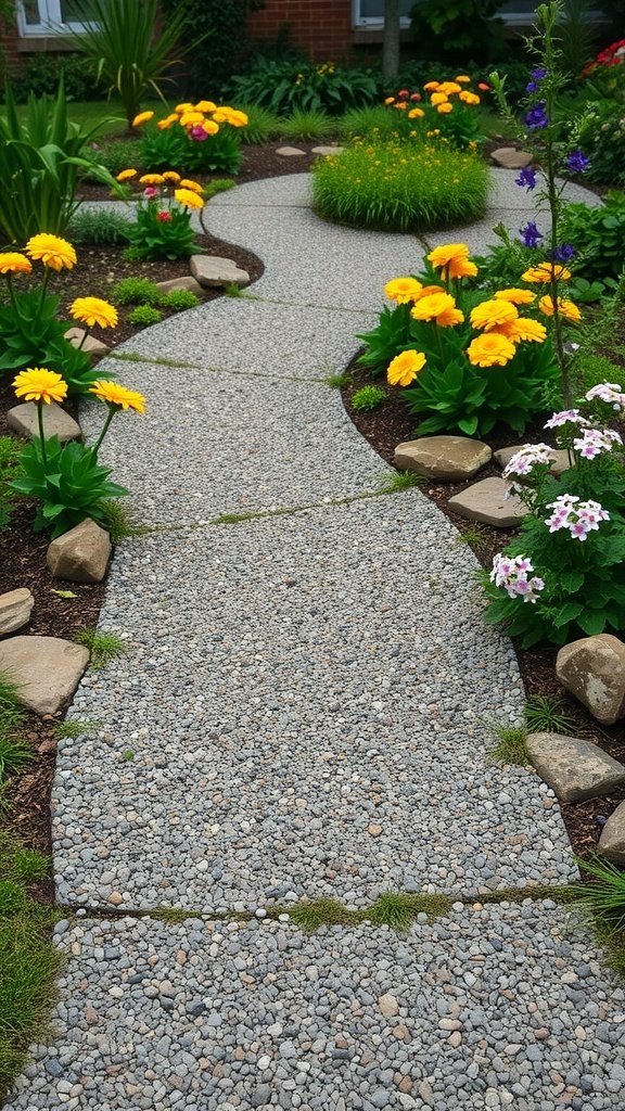 A winding gravel pathway bordered by colorful flowers and greenery.