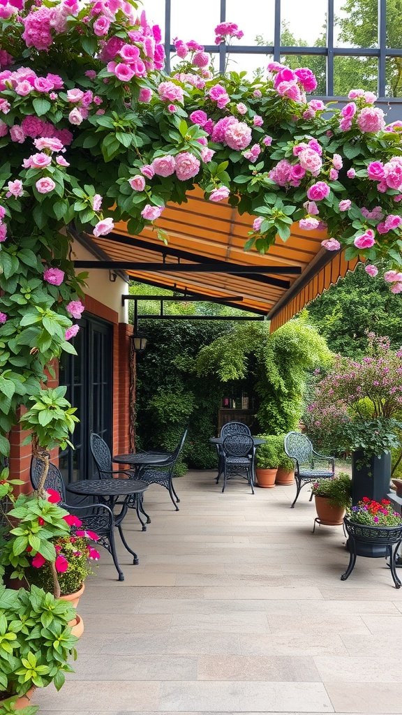 A beautiful patio with an awning covered in pink flowers, creating a natural and inviting atmosphere.