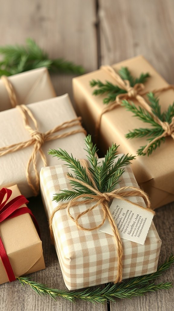 Beautifully wrapped gifts with winter greenery accents.