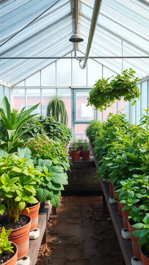 A vibrant greenhouse filled with various plants in pots, showcasing a lush gardening space.