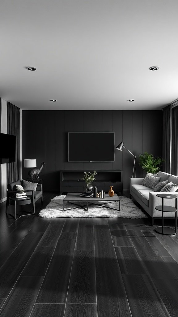 A stylish black living room featuring dark flooring and a modern design.