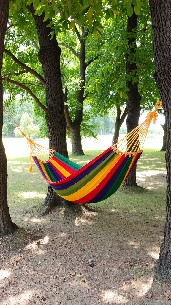 A colorful hammock hanging between trees in a lush green setting.