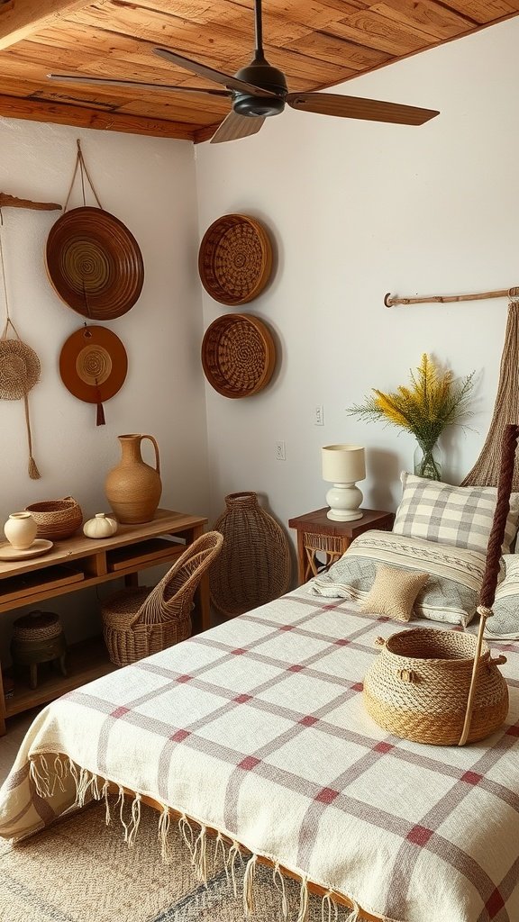 A cozy rustic bedroom featuring handcrafted accessories.