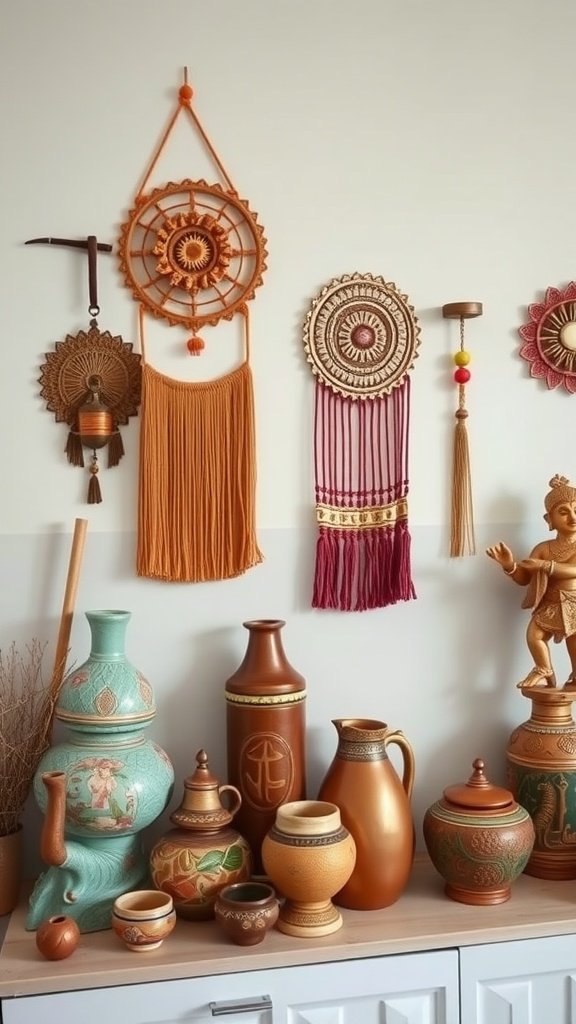 A collection of handcrafted decor items including pottery and wall hangings, showcasing Indian ethnic home decor.