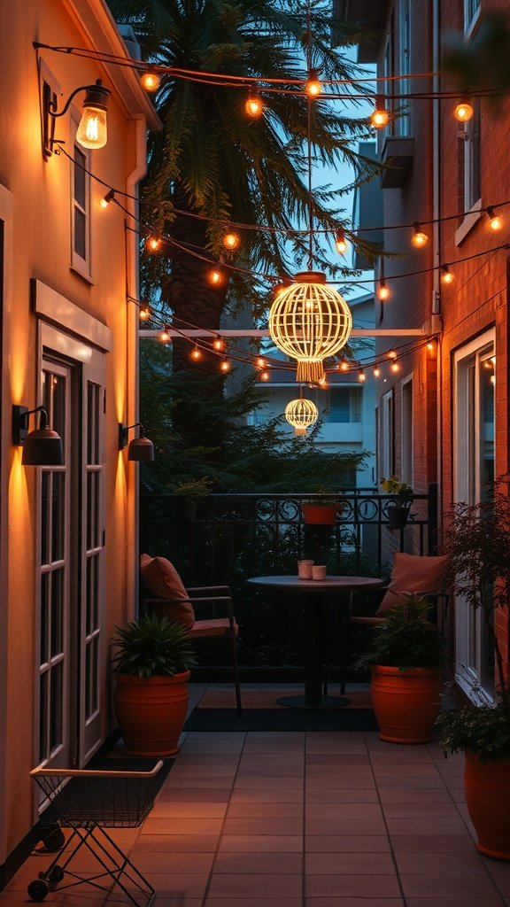 A cozy patio with hanging lights and plants, creating an inviting atmosphere.
