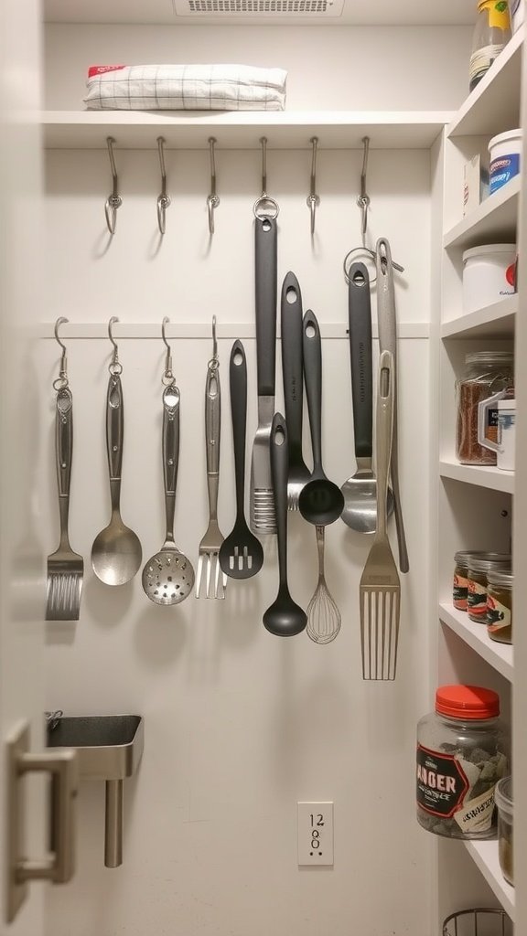 Hanging utensils in a pantry for efficient storage.