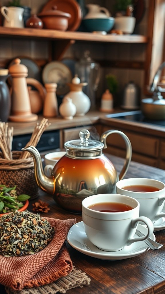 A cozy kitchen scene with a teapot, cups of tea, and dried herbs for brewing healing teas.