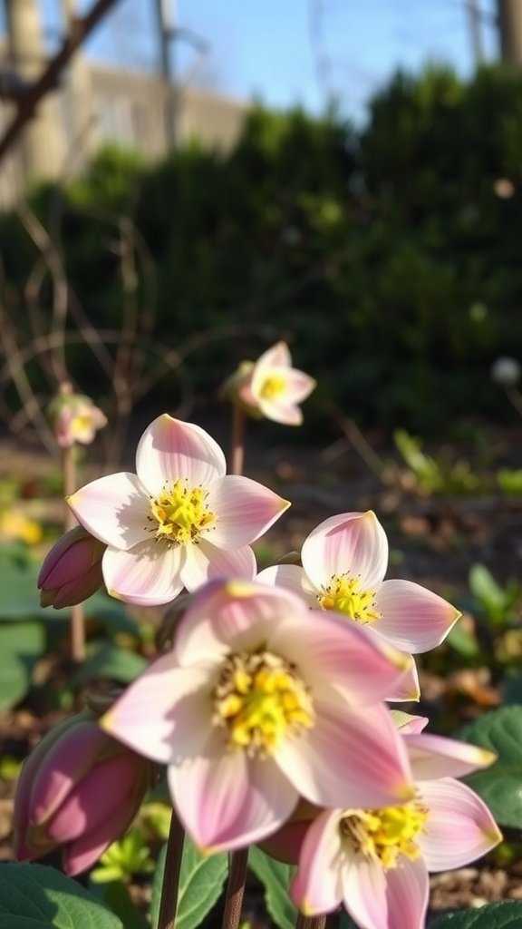 Beautiful Hellebore flowers blooming in a garden.