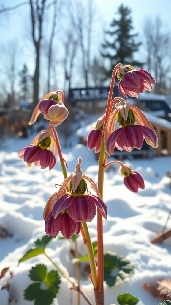 A close-up of Hellebores blooming in a snowy landscape, showcasing their unique colors and shapes.