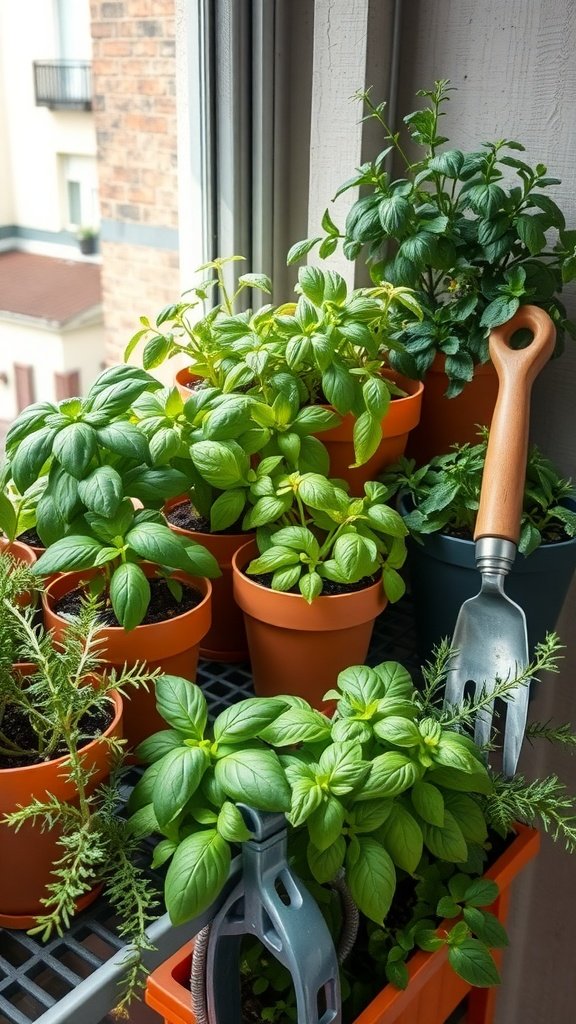 A variety of herbs in orange pots on a balcony with a small gardening tool.