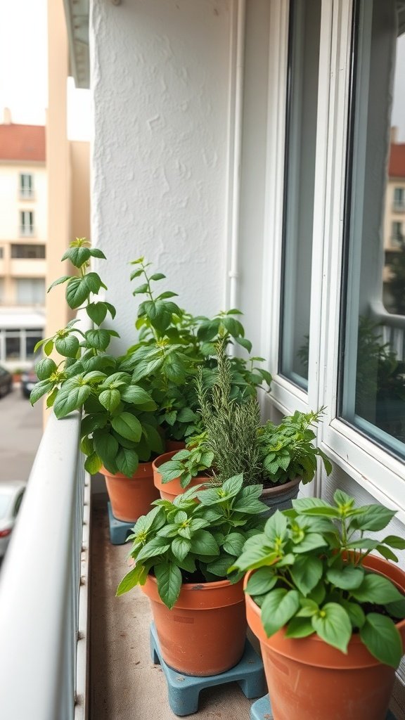 A balcony garden with various potted herbs