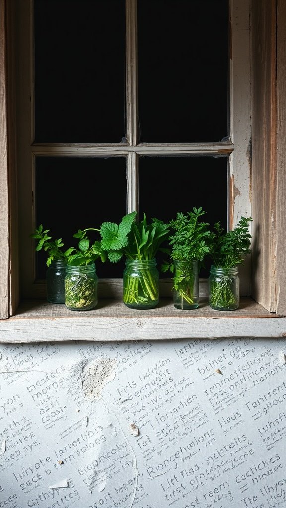 A collection of herbs arranged in glass jars on a wooden windowsill.