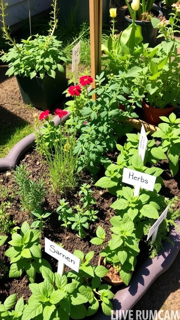 A well-organized herb garden with various plants labeled.
