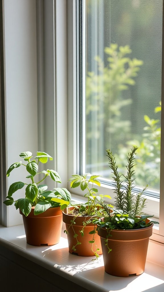 A sunny windowsill with potted herb plants including basil, mint, and rosemary.