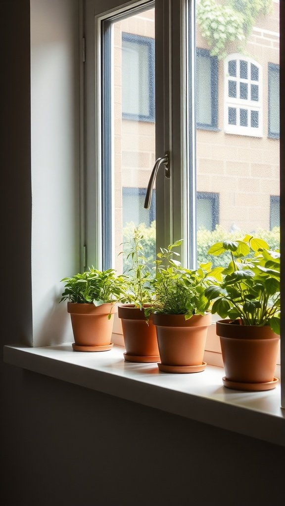 A cozy kitchen window with potted herbs.