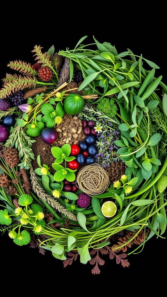 A vibrant herb spiral design featuring various herbs, fruits, and blooms, showcasing a unique garden layout.