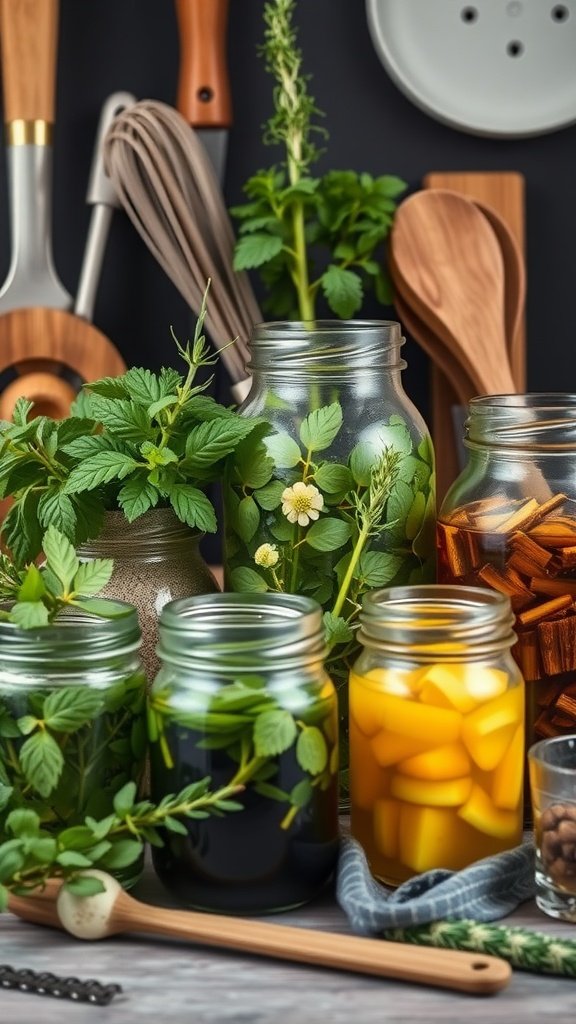 Herbs and jars in a kitchen setting, showcasing herbal infusions.