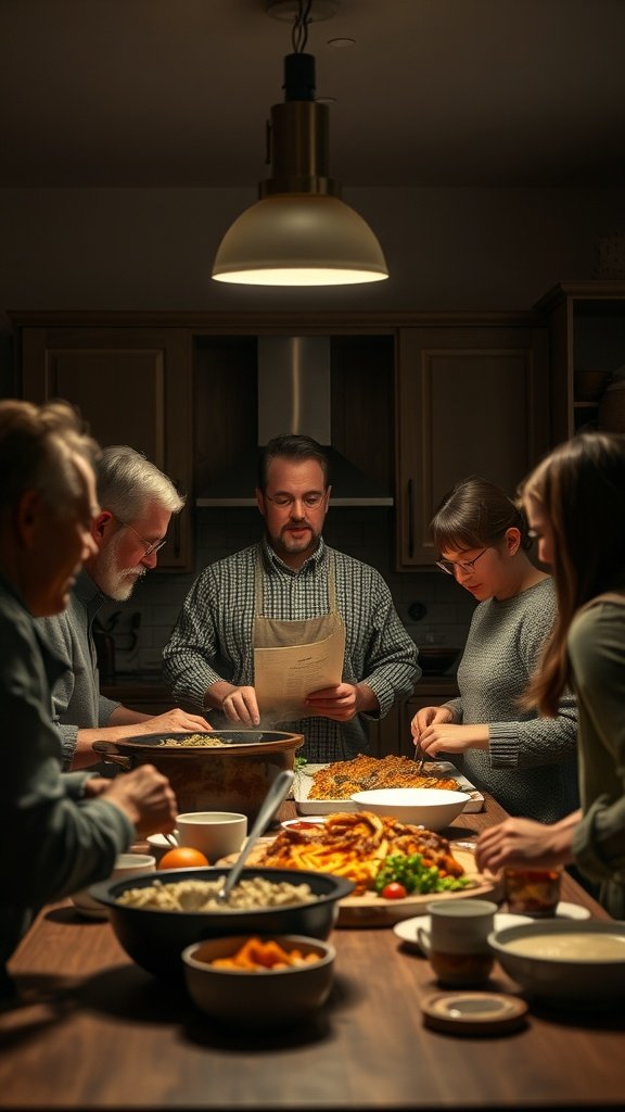 Group of people cooking together in a dimly lit kitchen, sharing recipes and preparing food.