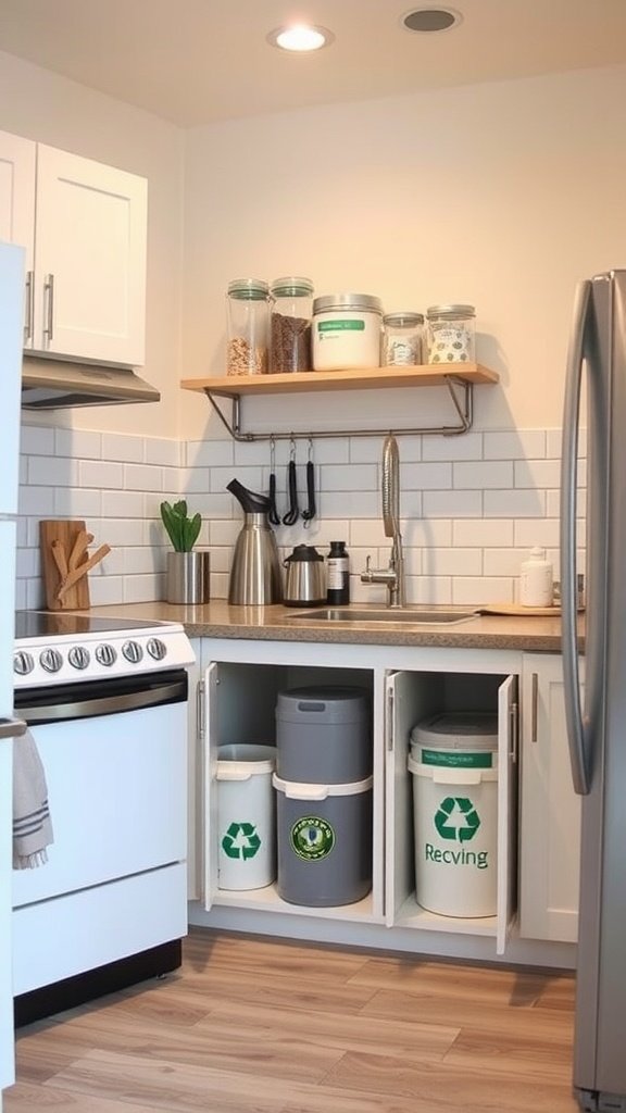 A corner of a small kitchen showing hidden trash and recycling bins in cabinets.